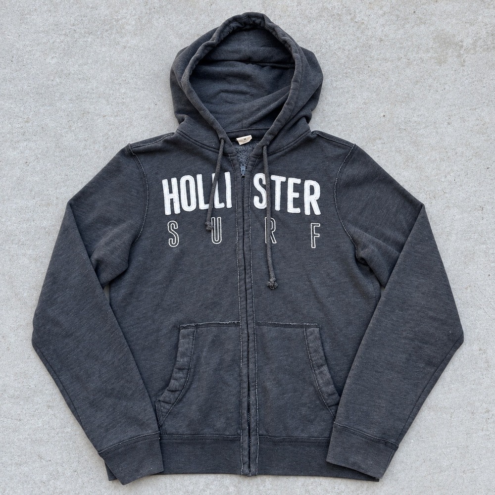 Hollister y2k Surf Gray Full Zip Hoodie Fleece Lined Graphic Sweatshirt M